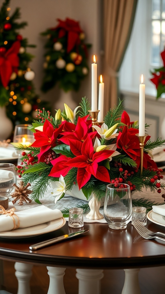 Christmas table decorated with floral arrangements, candles, and festive tableware.